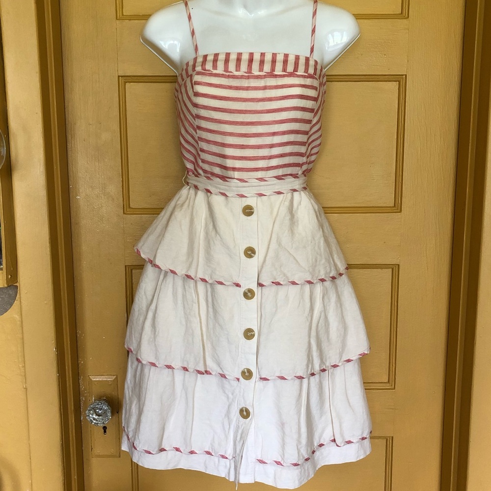 Maeve red & cream striped ruffle button dress